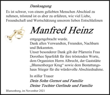 Traueranzeige von Manfred Heinz  von Magdeburger Volksstimme