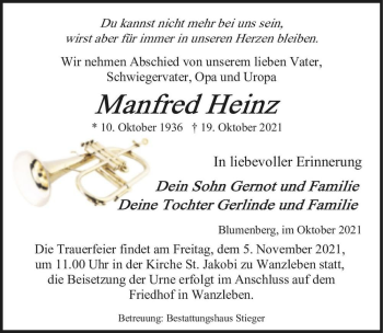 Traueranzeige von Manfred Heinz  von Magdeburger Volksstimme
