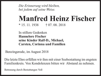 Traueranzeige von Manfred Heinz Fischer  von Magdeburger Volksstimme