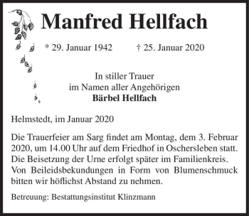 Traueranzeige von Manfred Hellfach  von Magdeburger Volksstimme