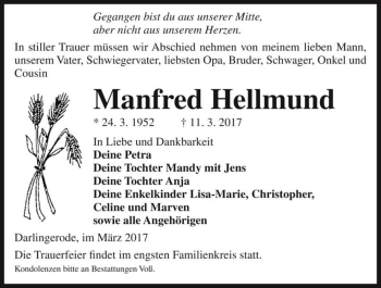 Traueranzeige von Manfred Hellmund  von Magdeburger Volksstimme
