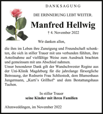 Traueranzeige von Manfred Hellwig  von Magdeburger Volksstimme