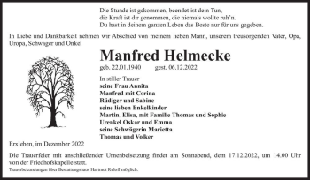 Traueranzeige von Manfred Helmecke  von Magdeburger Volksstimme