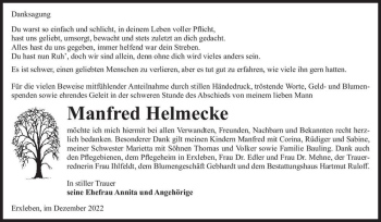 Traueranzeige von Manfred Helmecke  von Magdeburger Volksstimme