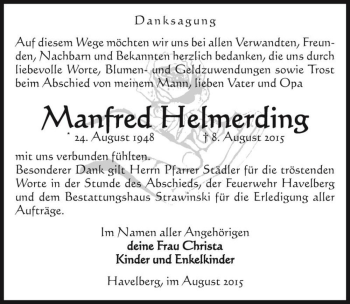 Traueranzeige von Manfred Helmerding  von Magdeburger Volksstimme
