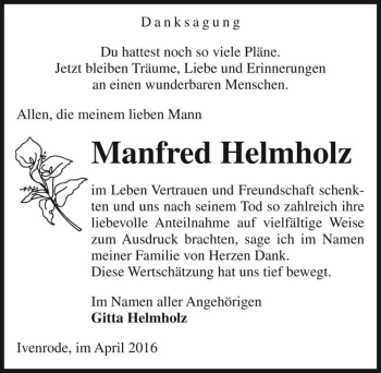 Traueranzeige von Manfred Helmholz  von Magdeburger Volksstimme