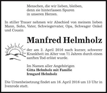 Traueranzeige von Manfred Helmholz  von Magdeburger Volksstimme