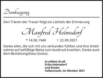 Traueranzeige von Manfred Helmsdorf  von Magdeburger Volksstimme