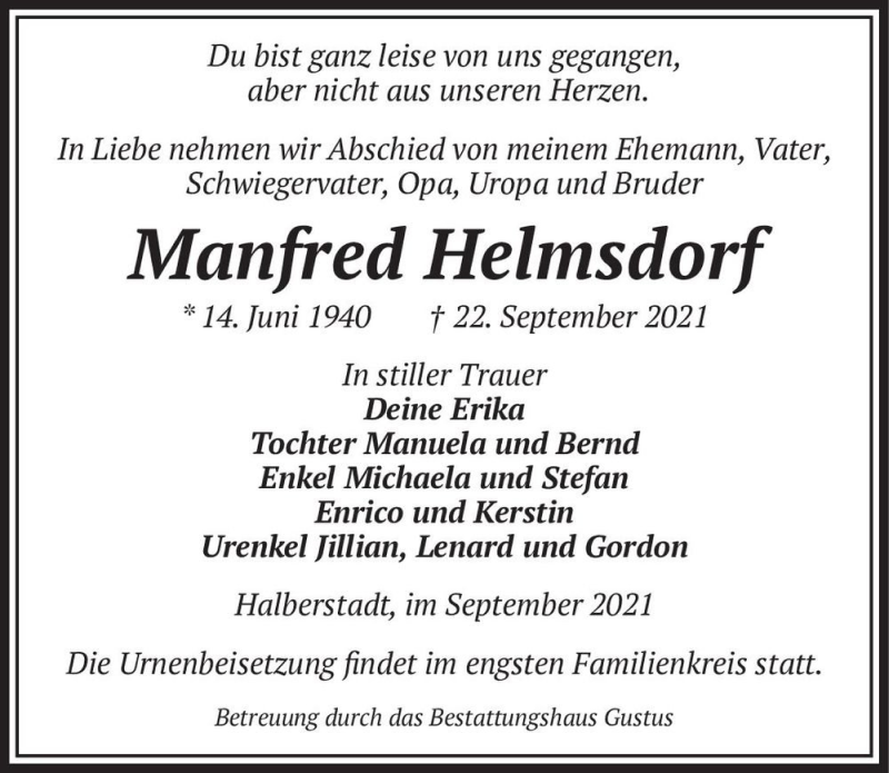  Traueranzeige für Manfred Helmsdorf  vom 02.10.2021 aus Magdeburger Volksstimme