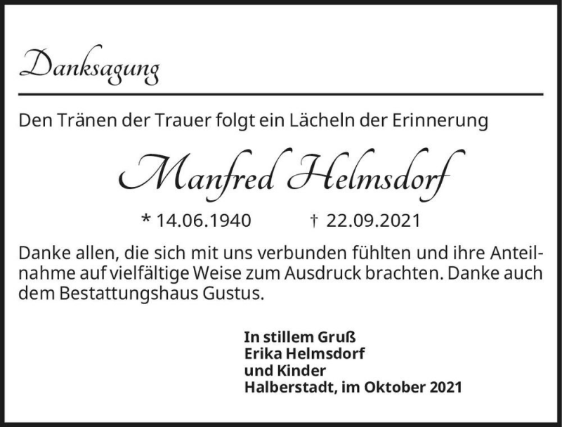  Traueranzeige für Manfred Helmsdorf  vom 23.10.2021 aus Magdeburger Volksstimme