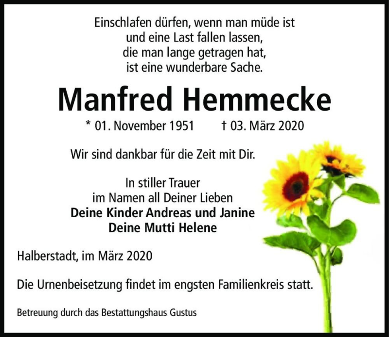  Traueranzeige für Manfred Hemmecke  vom 07.03.2020 aus Magdeburger Volksstimme