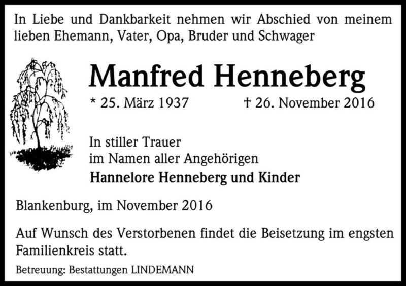  Traueranzeige für Manfred Henneberg  vom 03.12.2016 aus Magdeburger Volksstimme