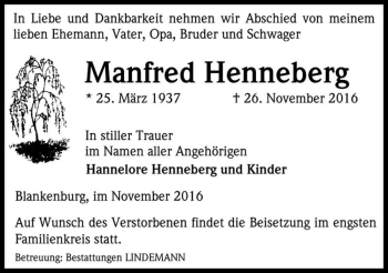 Traueranzeige von Manfred Henneberg  von Magdeburger Volksstimme