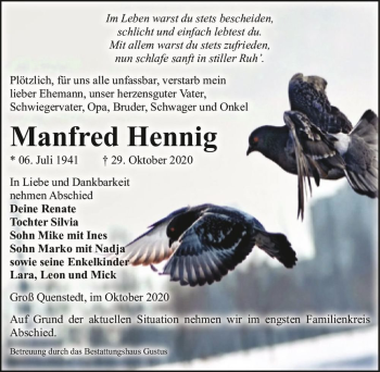 Traueranzeige von Manfred Hennig  von Magdeburger Volksstimme