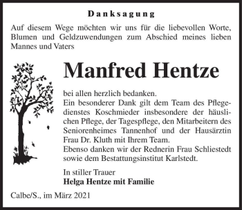 Traueranzeige von Manfred Hentze  von Magdeburger Volksstimme