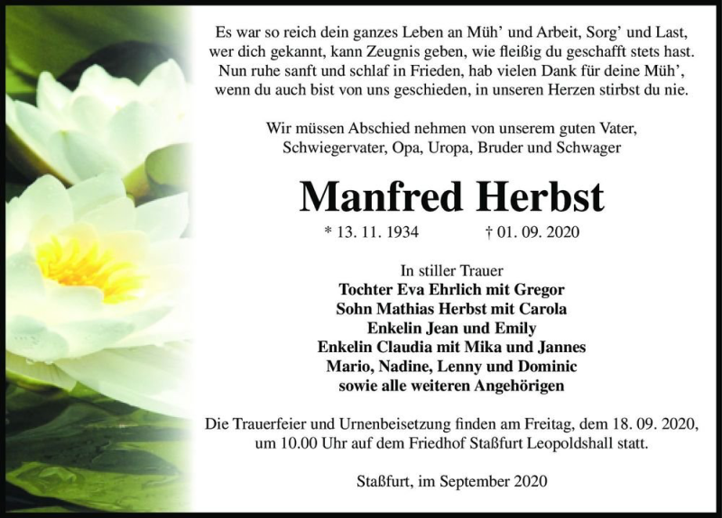  Traueranzeige für Manfred Herbst  vom 05.09.2020 aus Magdeburger Volksstimme