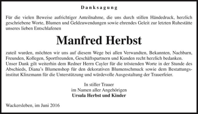  Traueranzeige für Manfred Herbst  vom 04.06.2016 aus Magdeburger Volksstimme