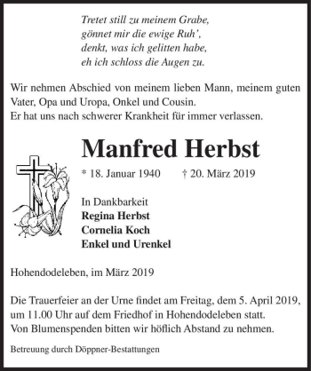 Traueranzeige von Manfred Herbst  von Magdeburger Volksstimme
