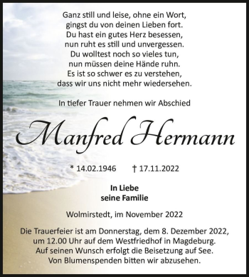 Traueranzeige von Manfred Hermann  von Magdeburger Volksstimme