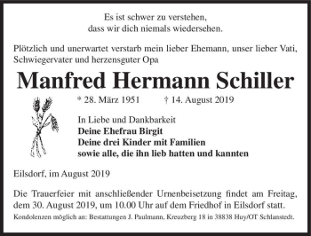 Traueranzeige von Manfred Hermann Schiller  von Magdeburger Volksstimme