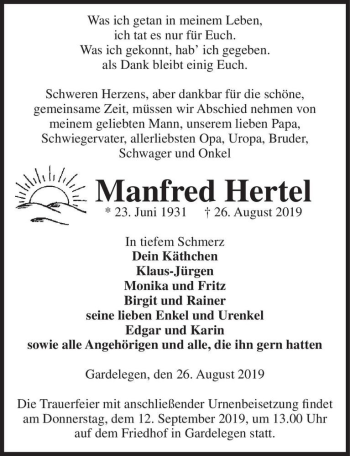 Traueranzeige von Manfred Hertel  von Magdeburger Volksstimme