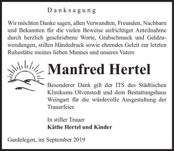 Traueranzeige von Manfred Hertel  von Magdeburger Volksstimme
