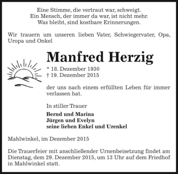 Traueranzeige von Manfred Herzig  von Magdeburger Volksstimme