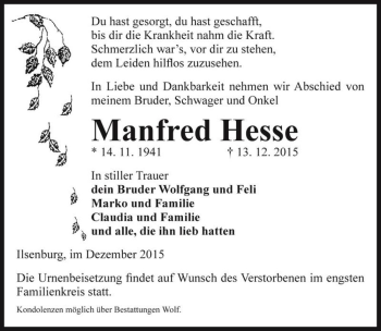 Traueranzeige von Manfred Hesse  von Magdeburger Volksstimme