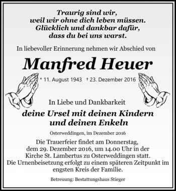 Traueranzeige von Manfred Heuer  von Magdeburger Volksstimme
