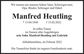 Traueranzeige von Manfred Heutling  von Magdeburger Volksstimme