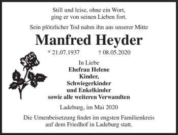 Traueranzeige von Manfred Heyder  von Magdeburger Volksstimme