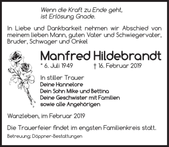 Traueranzeige von Manfred Hildebrandt  von Magdeburger Volksstimme