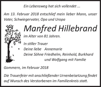 Traueranzeige von Manfred Hillebrand  von Magdeburger Volksstimme