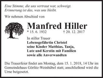 Traueranzeige von Manfred Hiller  von Magdeburger Volksstimme