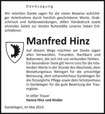 Traueranzeige von Manfred Hinz  von Magdeburger Volksstimme