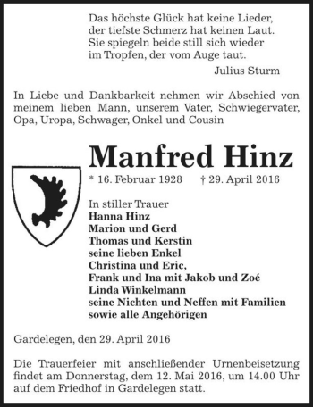 Traueranzeige von Manfred Hinz  von Magdeburger Volksstimme