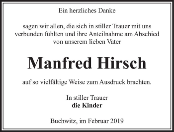 Traueranzeige von Manfred Hirsch  von Magdeburger Volksstimme