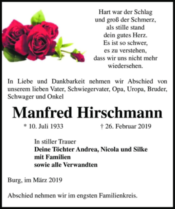 Traueranzeige von Manfred Hirschmann  von Magdeburger Volksstimme