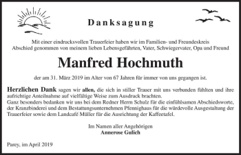 Traueranzeige von Manfred Hochmuth  von Magdeburger Volksstimme