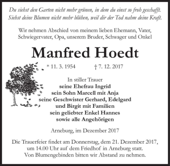 Traueranzeige von Manfred Hoedt  von Magdeburger Volksstimme