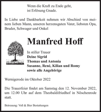 Traueranzeige von Manfred Hoff  von Magdeburger Volksstimme