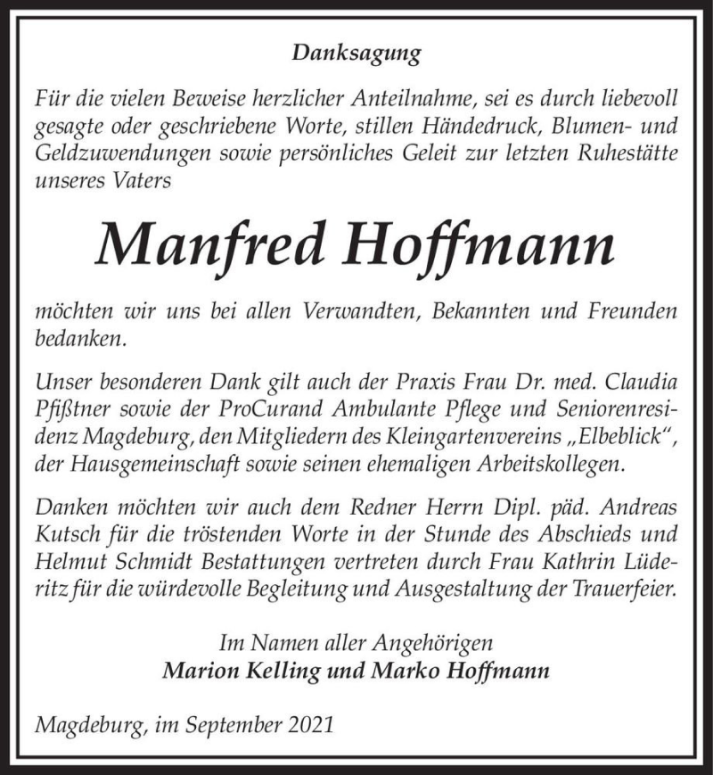  Traueranzeige für Manfred Hoffmann  vom 25.09.2021 aus Magdeburger Volksstimme