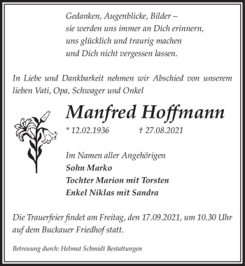 Traueranzeige von Manfred Hoffmann  von Magdeburger Volksstimme