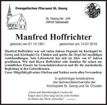 Traueranzeige von Manfred Hoffrichter  von Magdeburger Volksstimme
