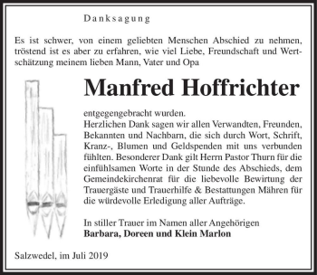 Traueranzeige von Manfred Hoffrichter  von Magdeburger Volksstimme