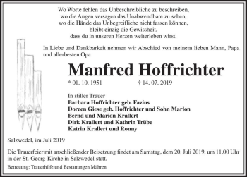 Traueranzeige von Manfred Hoffrichter  von Magdeburger Volksstimme
