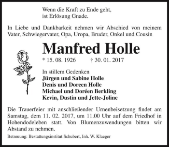 Traueranzeige von Manfred Holle  von Magdeburger Volksstimme