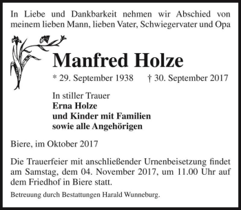 Traueranzeige von Manfred Holze  von Magdeburger Volksstimme