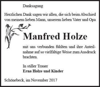 Traueranzeige von Manfred Holze  von Magdeburger Volksstimme
