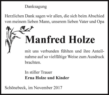 Traueranzeige von Manfred Holze  von Magdeburger Volksstimme